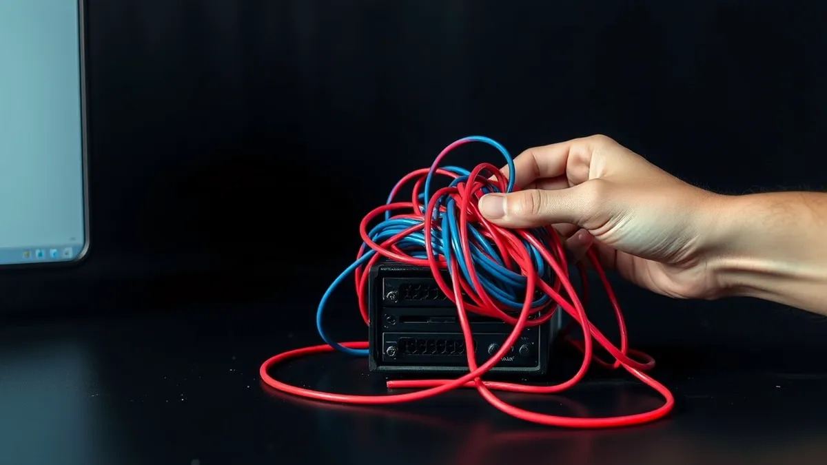 Illustration: A tangled knot of red and blue cables sits on a clean desk, tightening around a small server box.