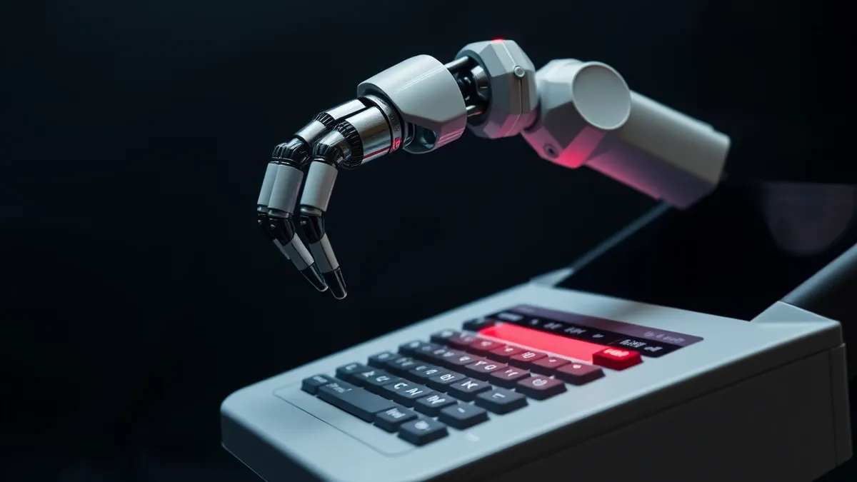 Illustration: A robotic arm extends from a sleek banking terminal, its metal fingers hovering over the keypad instead of pressing it.