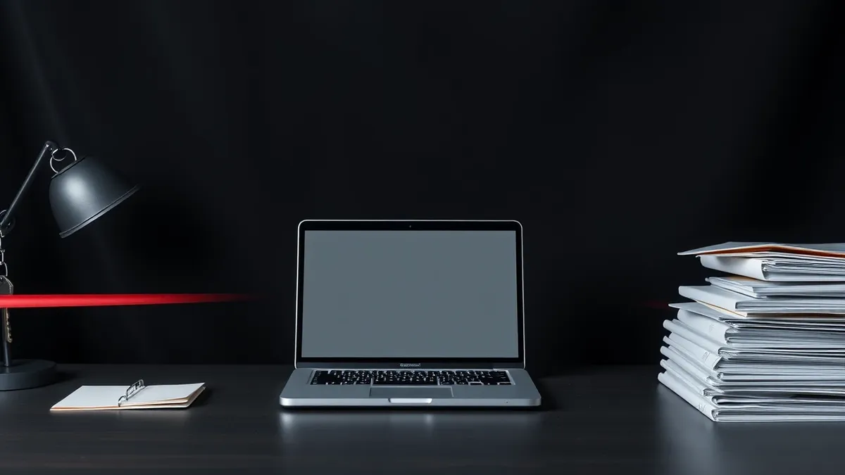 Illustration: A clean desk holds a single laptop with a blank screen.