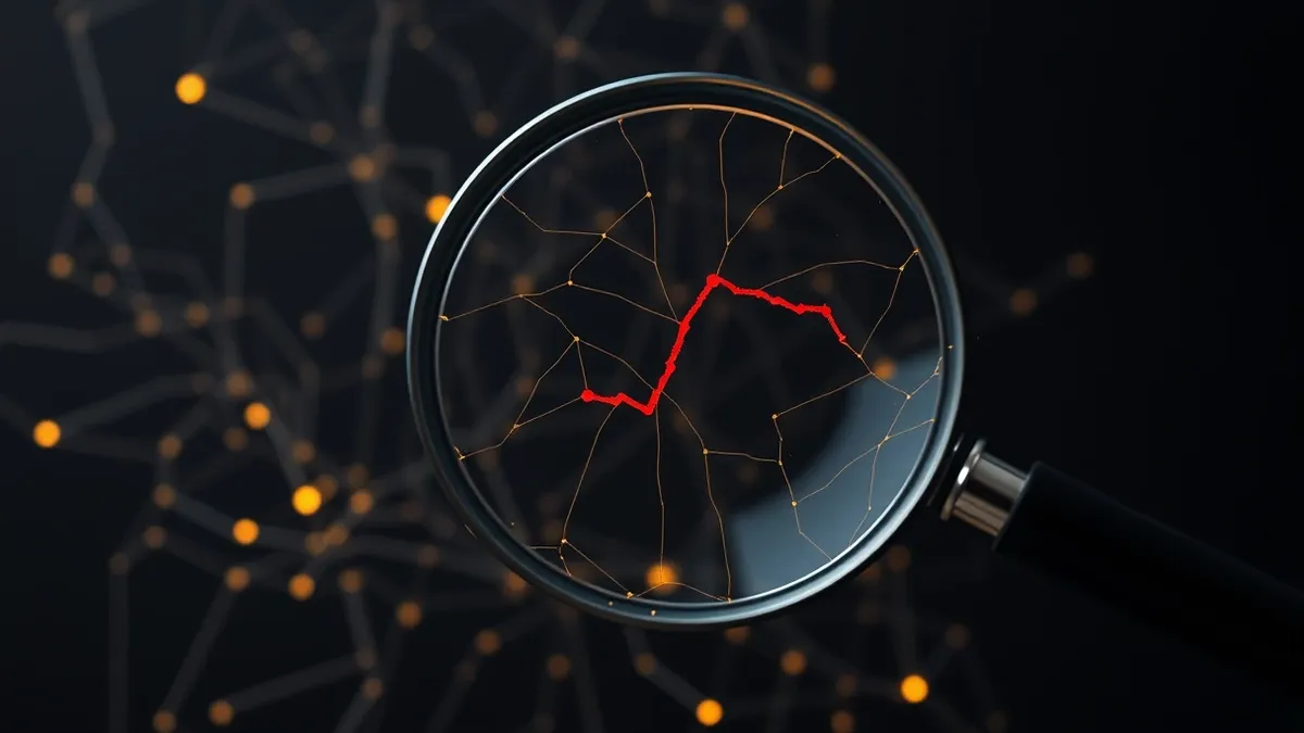 Illustration: A large magnifying glass hovers over a complex, tangled web of glowing abstract lines representing hidden data flows.