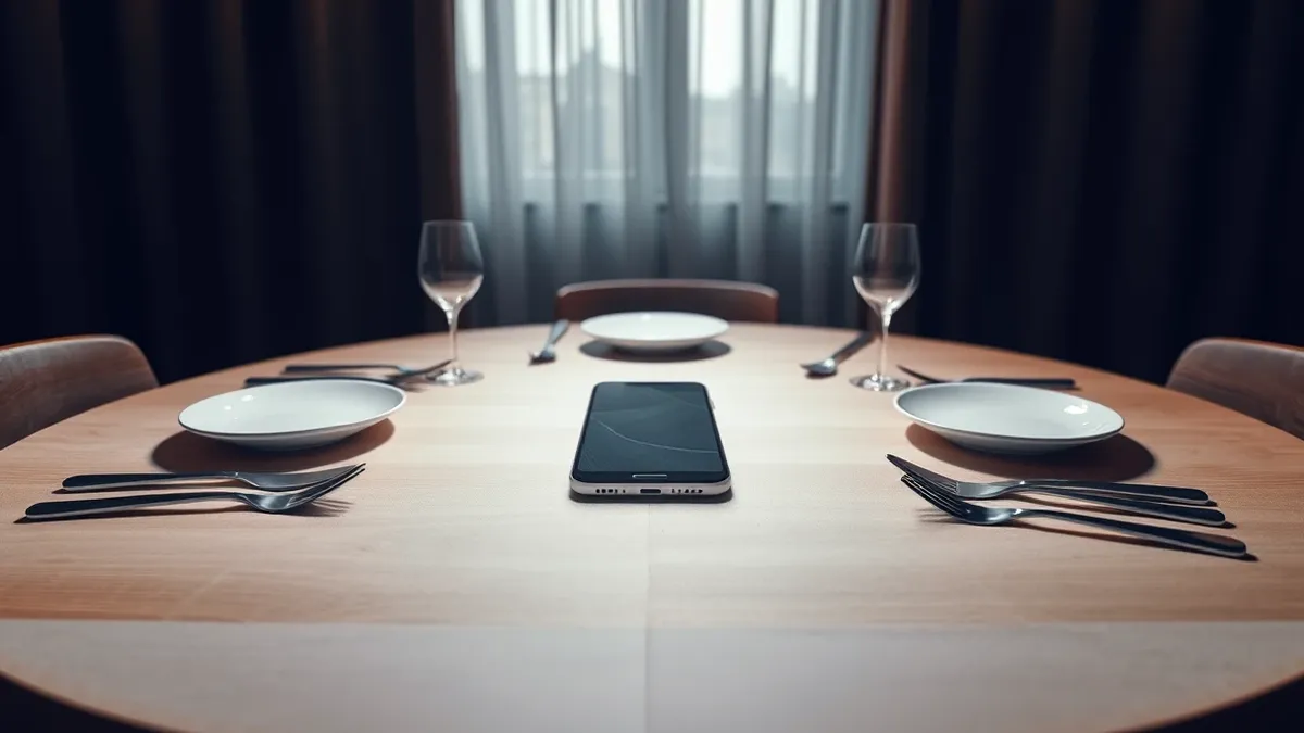 Illustration: A round wooden dining table sits set for a meal in a softly lit room, featuring blank ceramic plates and polished silverware.