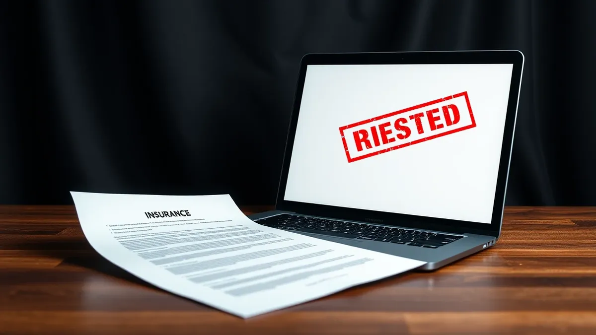 Illustration: A blank white insurance policy document lies on a wooden desk next to a sleek black laptop.