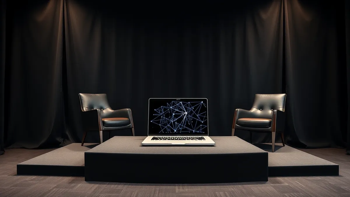 Illustration: Two polished executive chairs sit empty on a raised stage in a formal Washington conference room.
