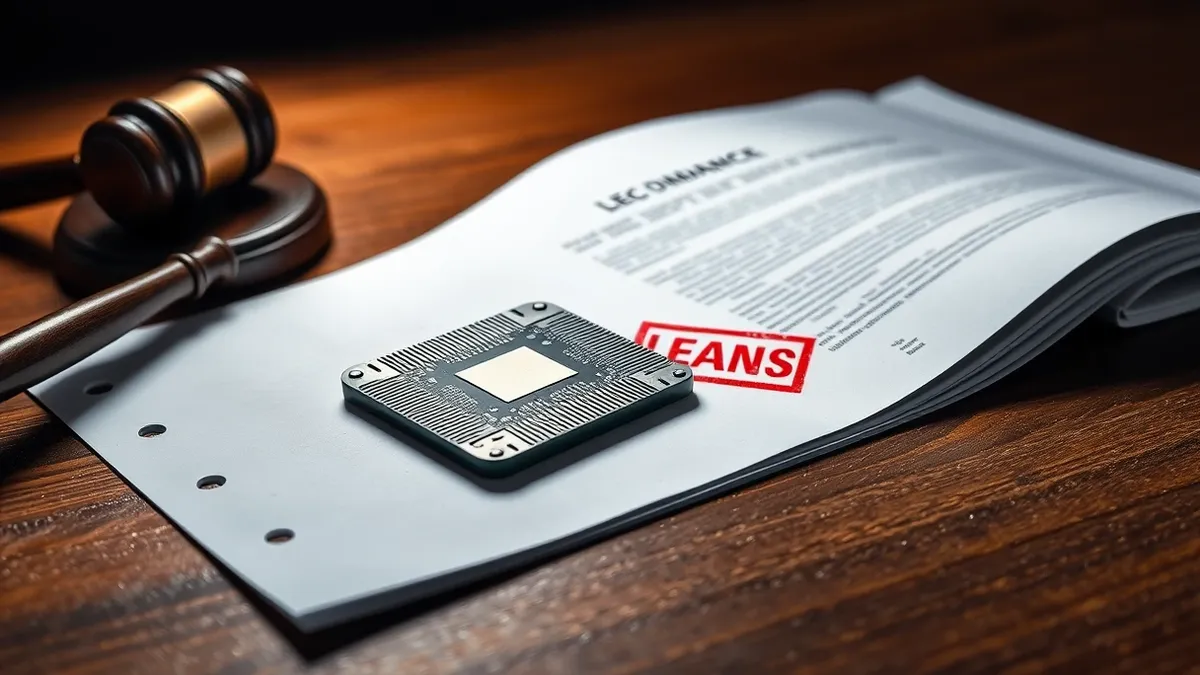 Illustration: A sleek, silver processor chip rests on a wooden desk beside a gavel and a thick legal document.