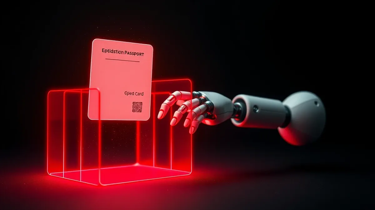 Illustration: A glowing digital passport card floats in mid-air, emitting a subtle cryptographic signature pattern.