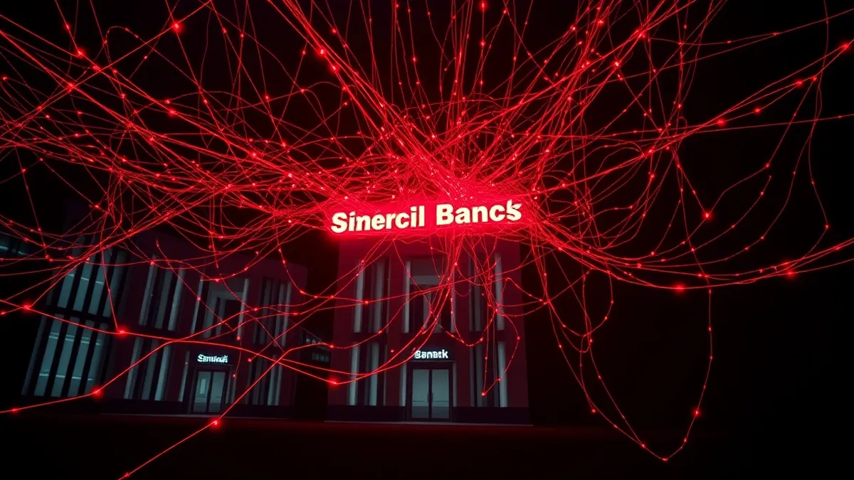 Illustration: Thousands of glowing digital threads twist and tangle into a dense, chaotic web that engulfs a row of modern Japanese bank buildings.