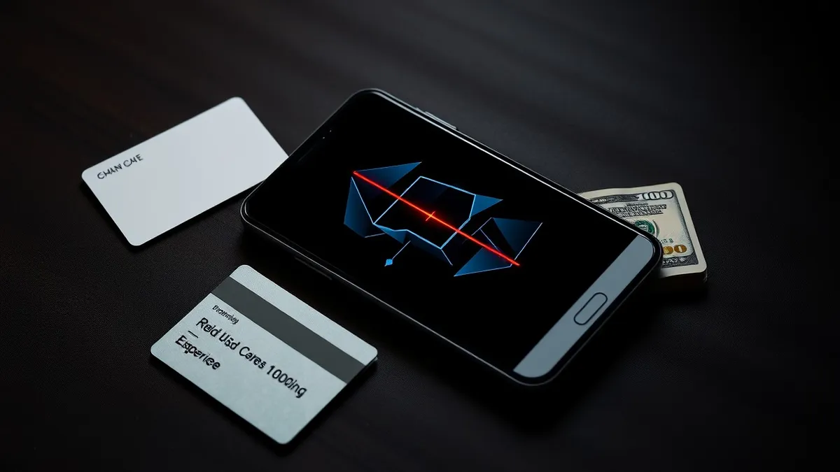 Illustration: A generic smartphone rests on a wooden desk next to a blank credit card and a small stack of cash.