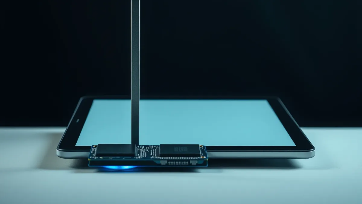 Illustration: A sleek artificial intelligence chip rests on a sterile white table beside a blank digital tablet.