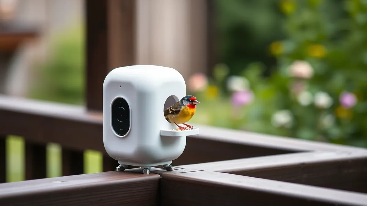 Illustration: A compact, white bird feeder sits on a wooden deck railing.