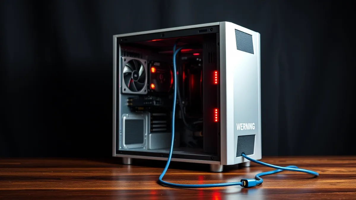 Illustration: A sleek silver server tower sits open on a wooden desk, revealing its internal circuit boards and cooling fans.