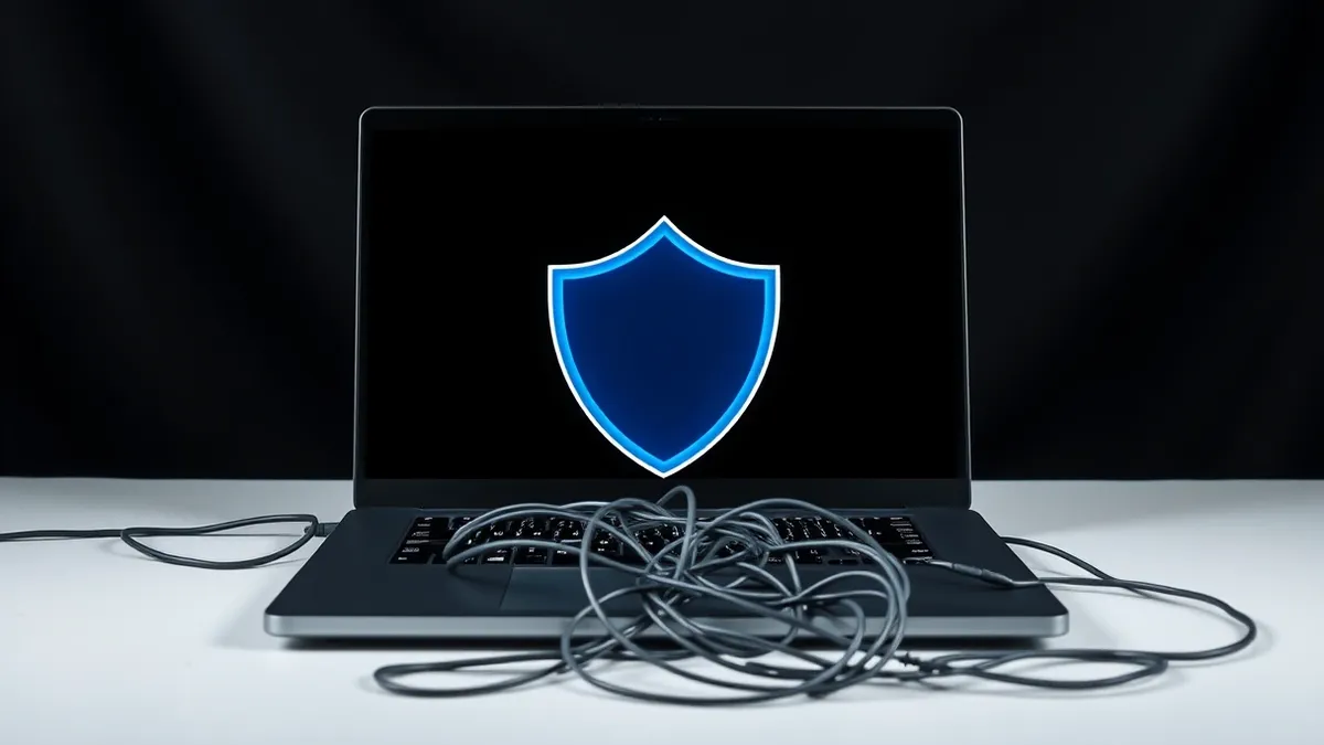 Illustration: A sleek black laptop sits on a white desk, its screen displaying three concentric translucent blue shields interlocking over a chaotic tangle of grey wires.