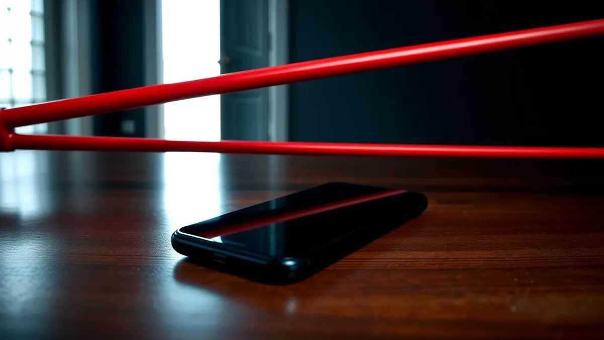 Illustration: A sleek, featureless smartphone rests on a polished wooden table.