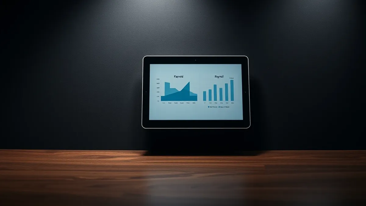 Illustration: A single sleek tablet rests on a wooden desk, its screen displaying abstract geometric shapes representing a calendar and payroll charts.