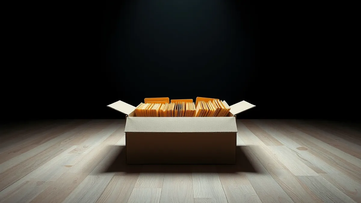 Illustration: An open cardboard box sits on a bare wooden floor, revealing neatly arranged folders and loose papers inside.