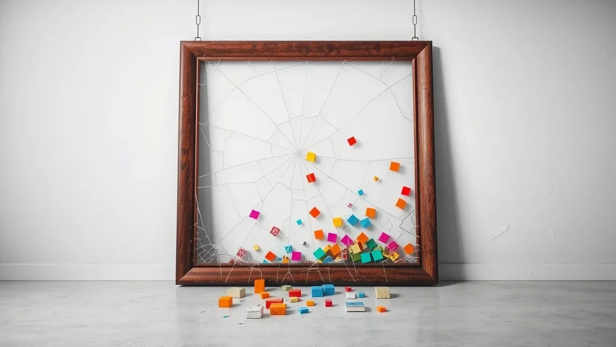 Illustration: A cracked wooden picture frame leans against a white wall, its glass surface spiderwebbed with fractures.