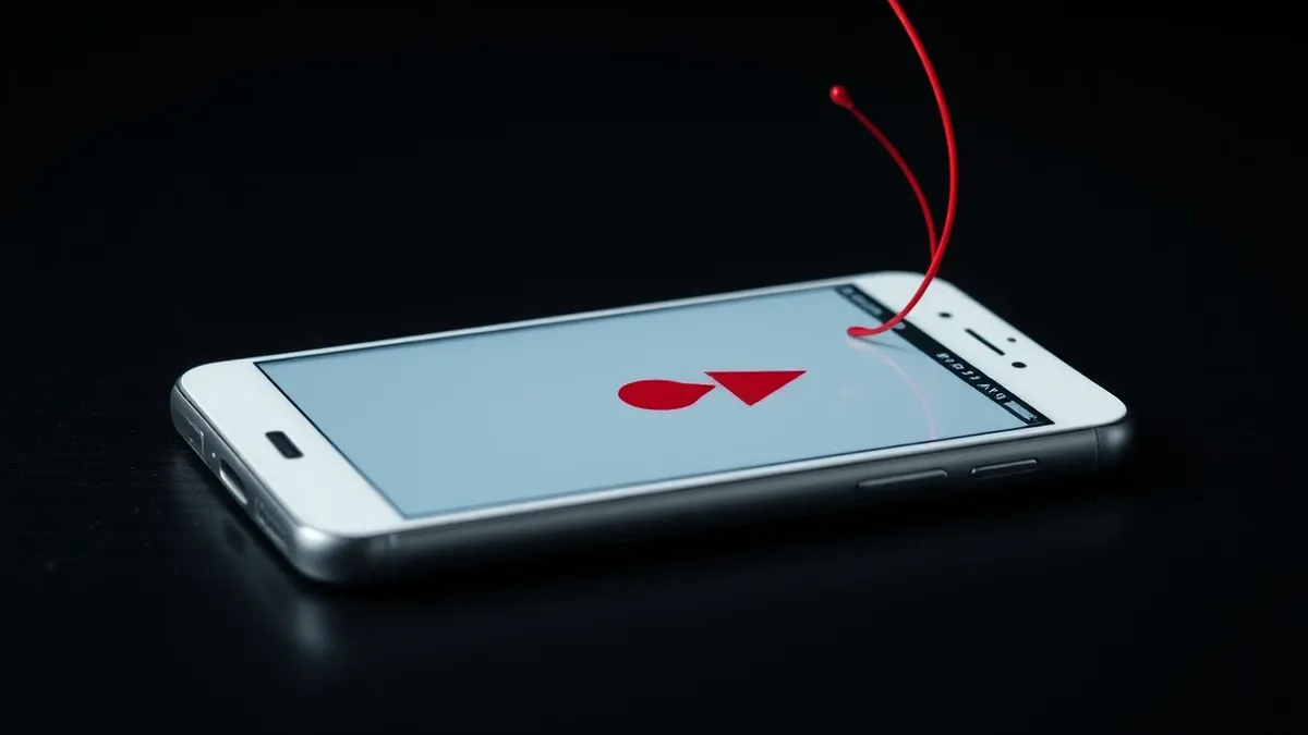 Illustration: A sleek white smartphone rests on a dark wooden table, its screen displaying a blank app interface with a prominent red warning triangle.