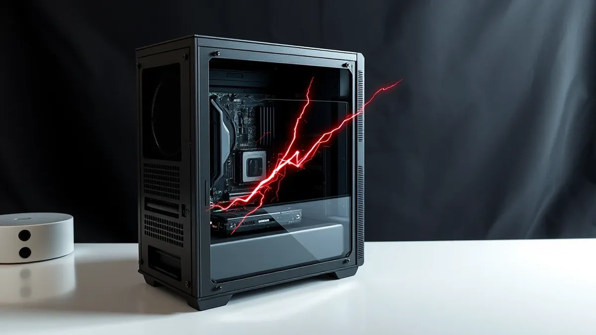 Illustration: A sleek, modern computer tower sits on a clean white desk with its side panel removed to reveal blank internal circuit boards.