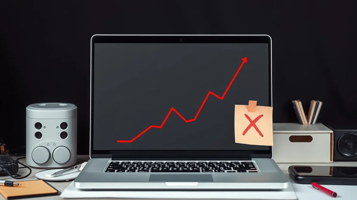 Illustration: A generic white laptop sits on a cluttered office desk, its screen displaying a blank gray interface.