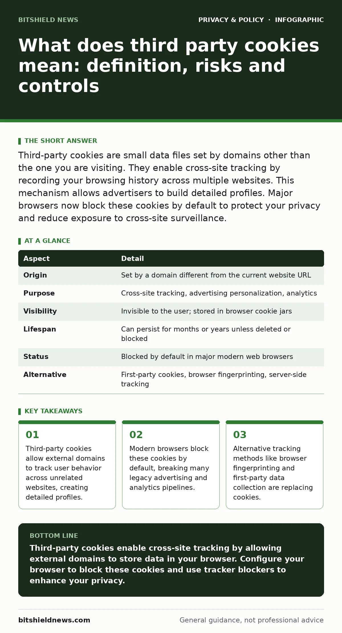 Infographic: What does third party cookies mean: definition, risks and controls. Third-party cookies allow external domains to track user behavior across unrelated websites, creating detailed profiles. Modern browsers block these cookies by default, breaking many legacy advertising and analytics pip