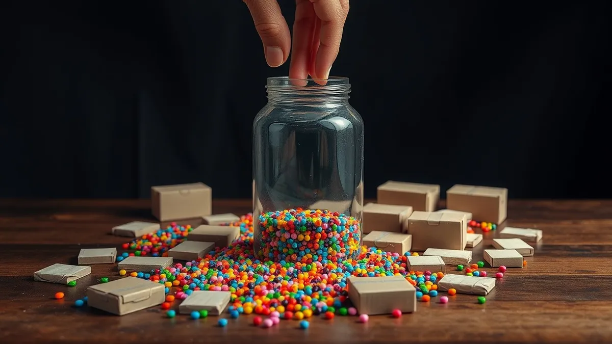 Illustration: A transparent glass jar sits on a wooden table, filled with hundreds of tiny, colorful plastic beads that spill over the edges.