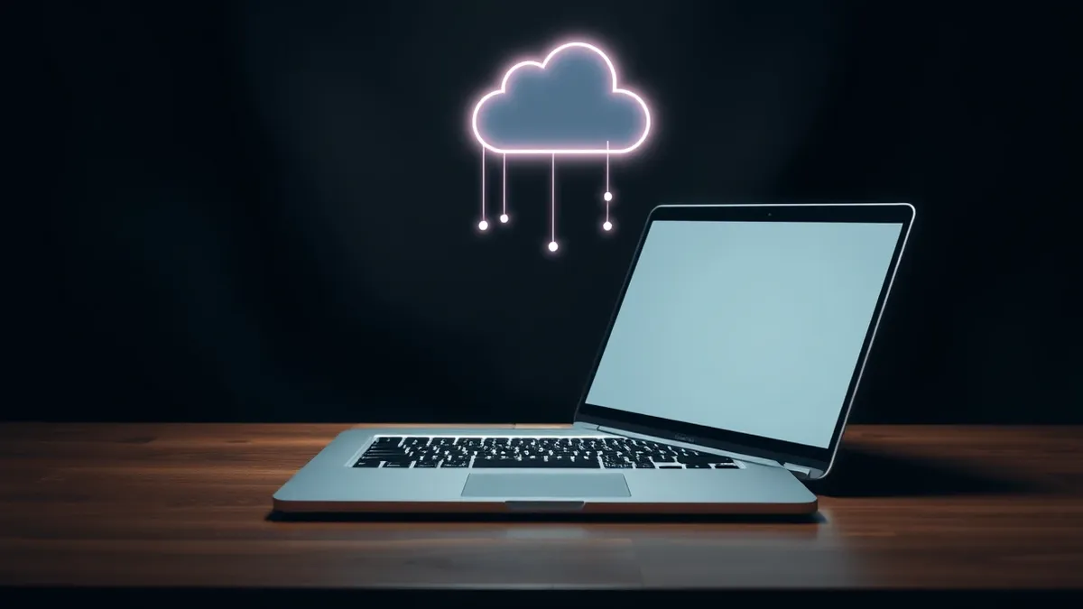 Illustration: A sleek laptop sits on a wooden desk with its screen displaying a minimalist chat interface.