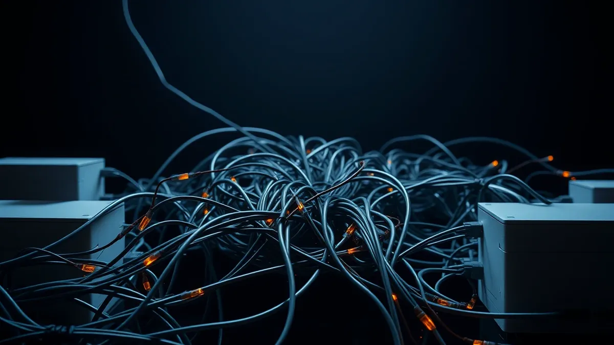 Illustration: A tangled web of shifting network cables pulses with erratic light, weaving between generic router boxes to symbolize rapidly changing IP addresses.