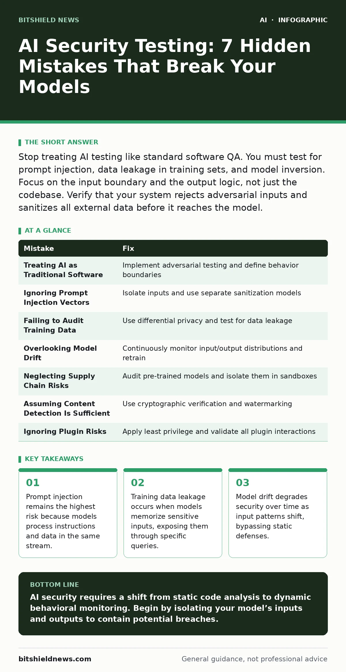 Infographic: AI Security Testing: 7 Hidden Mistakes That Break Your Models. Prompt injection remains the highest risk because models process instructions and data in the same stream. Training data leakage occurs when models memorize sensitive inputs, exposing them through specific queries. Model dri