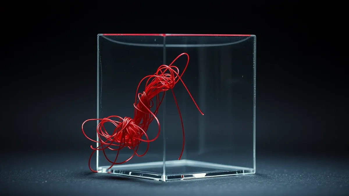 Illustration: A tangled knot of translucent red threads sits loosely inside a rigid glass cube.