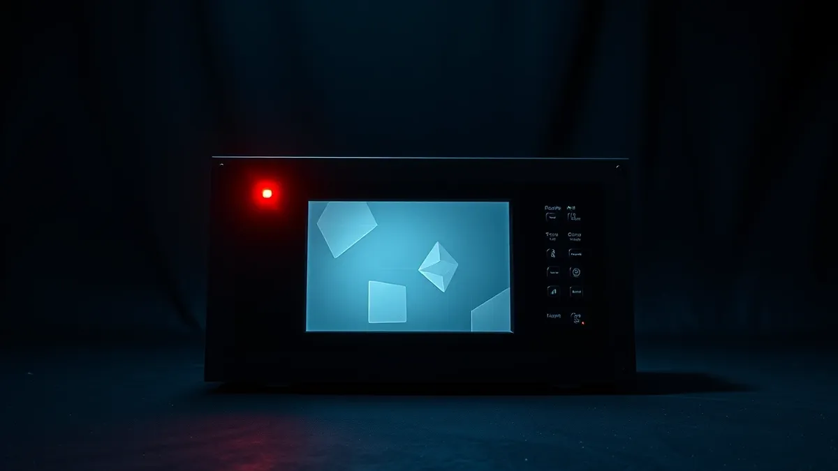 Illustration: A sleek industrial control panel with a blank digital display sits alone in a dim room.