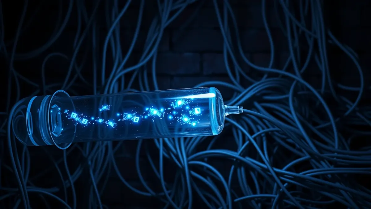 Illustration: A transparent glass tube carries glowing blue data pulses through a cluttered network of tangled grey wires.