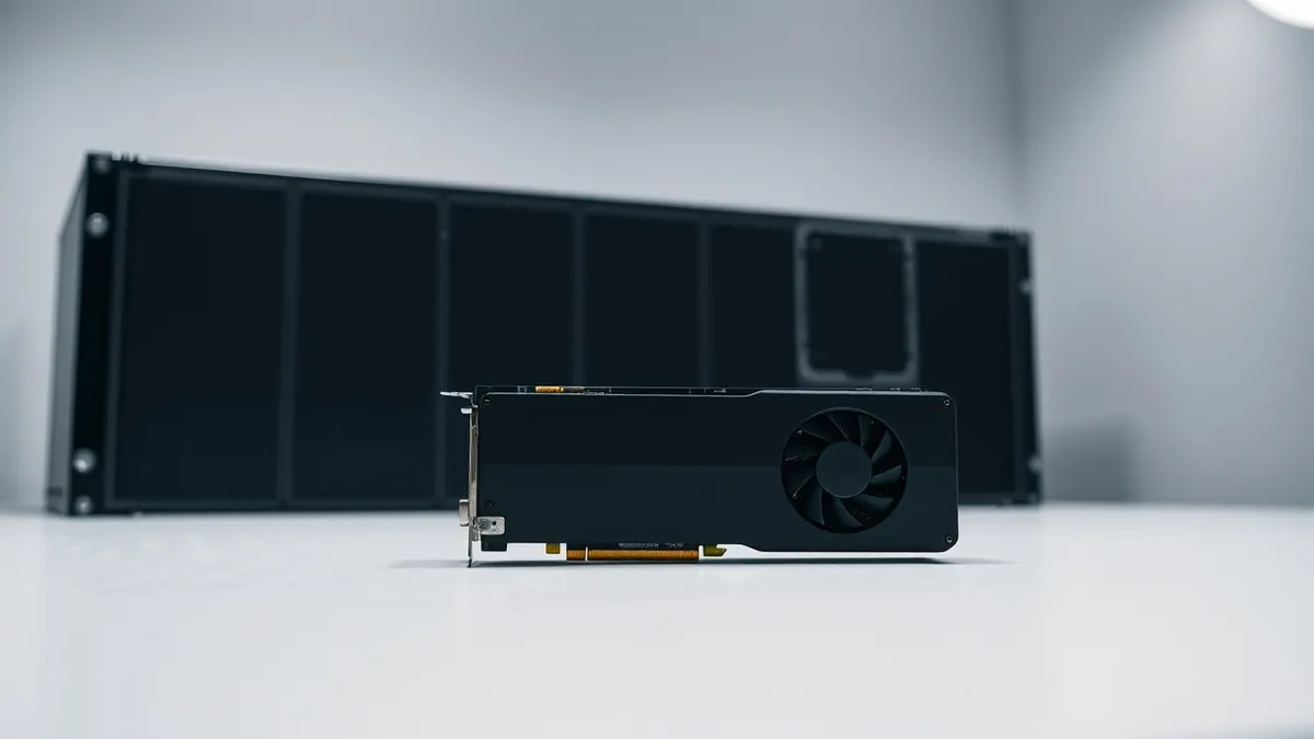 Illustration: A solitary black graphics card rests on a sterile white table, its metal casing reflecting soft ambient light.