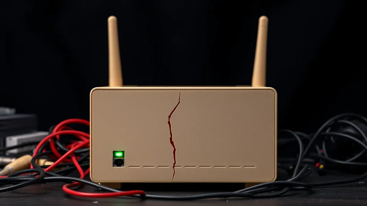 Illustration: A beige network router sits on a cluttered desk with tangled cables spilling out from its back.