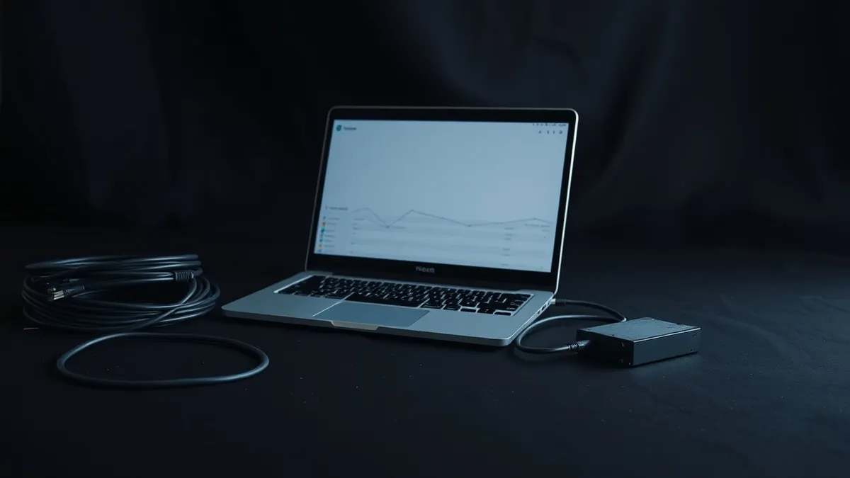 Illustration: An open laptop sits on a desk next to a stack of network cables and a small external hard drive.