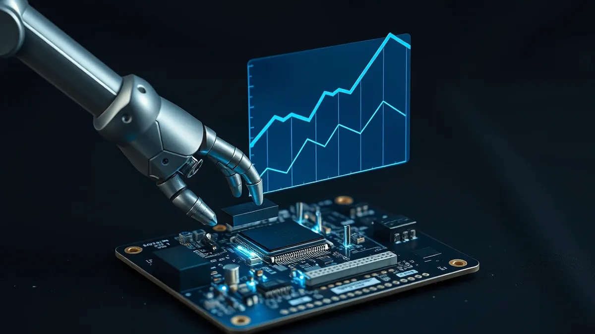 Illustration: A sleek metallic robot arm extends over a complex circuit board, carefully placing a component.