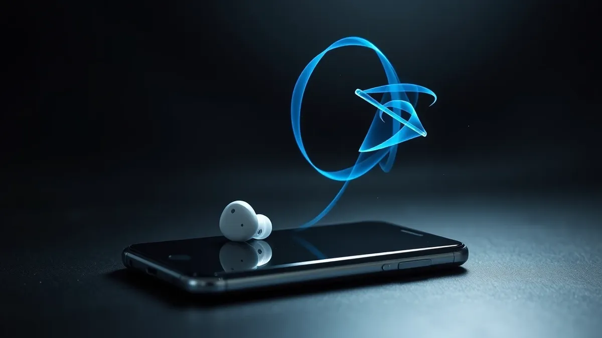 Illustration: A transparent smartphone rests on a desk beside a wireless earbud.