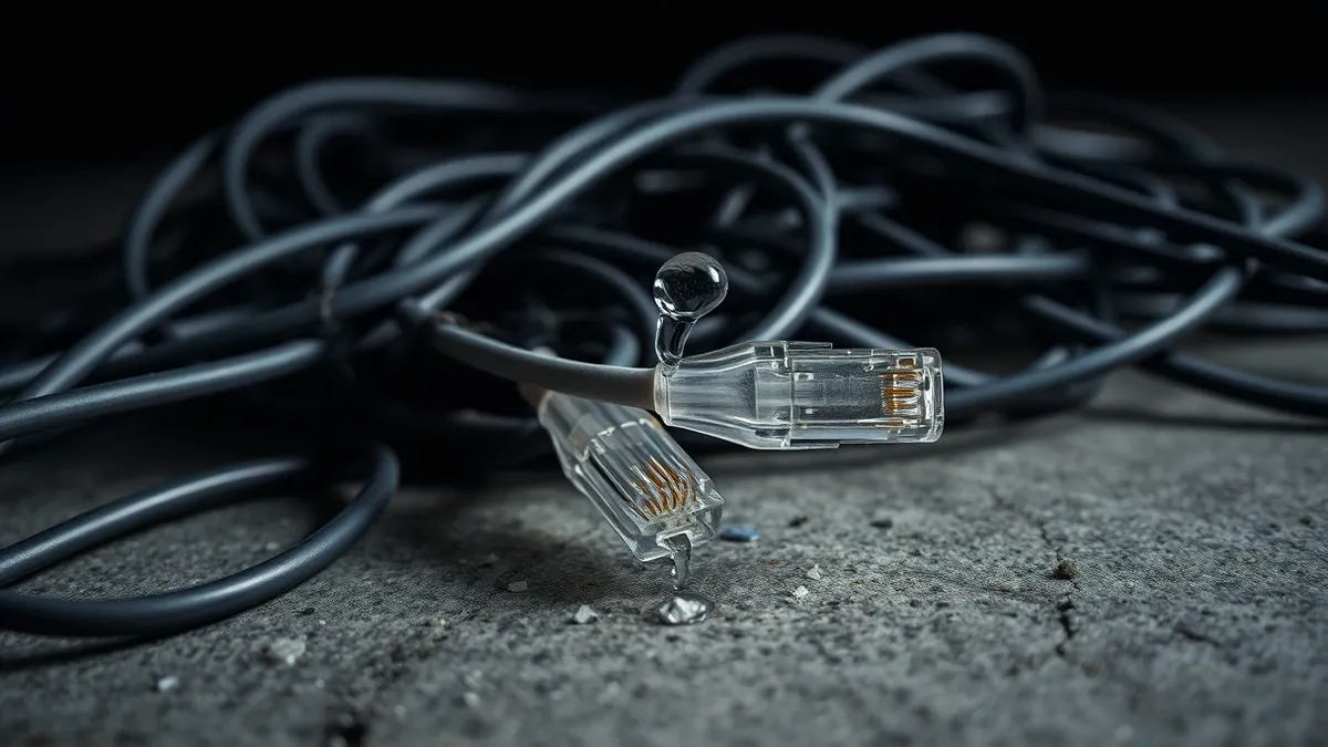 Illustration: A tangled mess of ethernet cables lies on a concrete floor, with one wire severed and stripped to expose the copper strands.