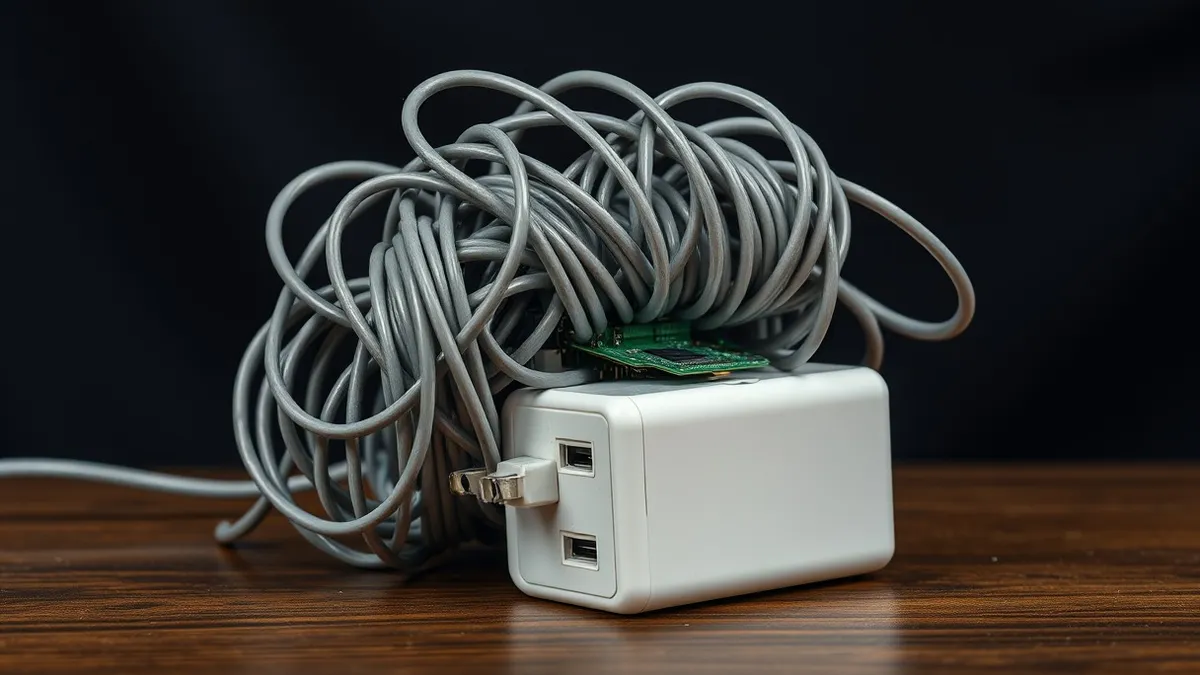 Illustration: A tangled knot of gray cables wraps tightly around a white power brick on a wooden desk.