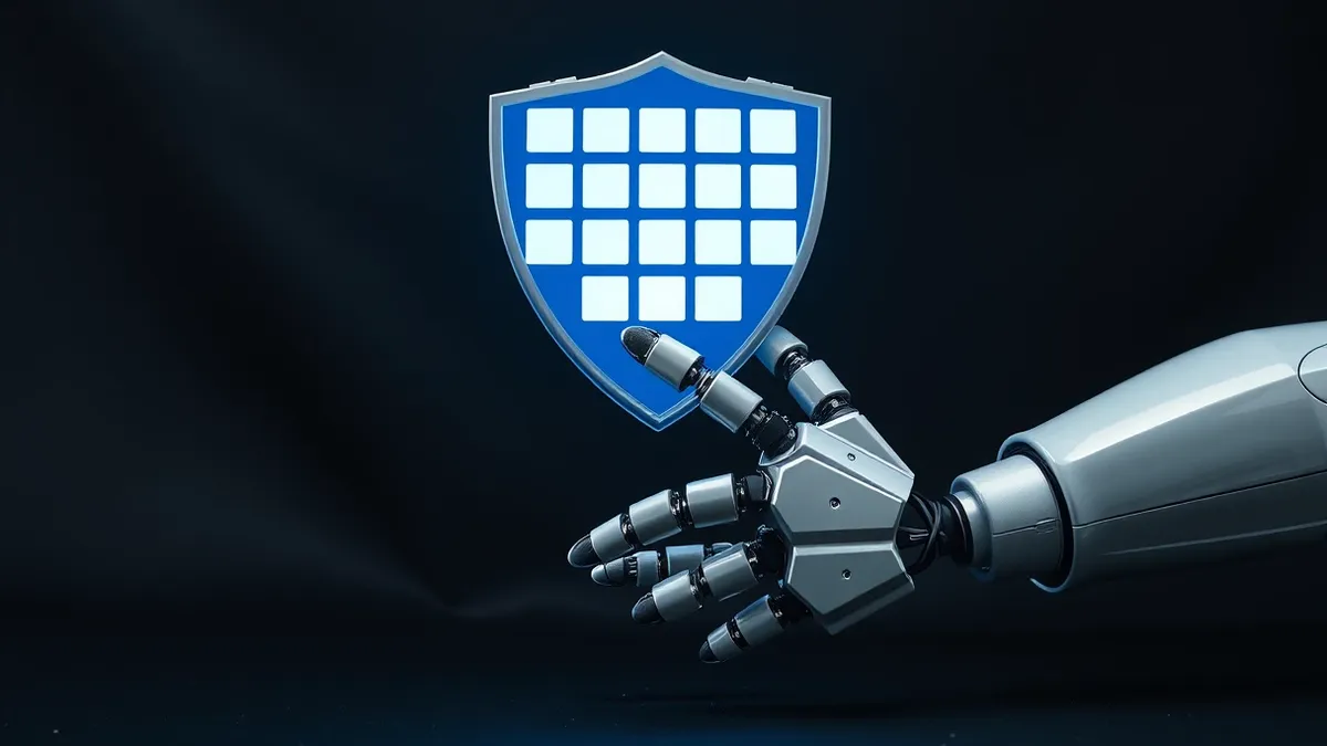 Illustration: An abstract geometric shield hovers in front of a sleek silver robot arm.