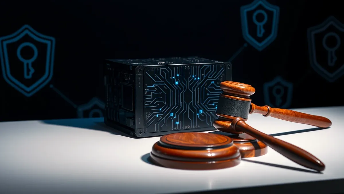 Illustration: A sleek black neural network processor sits on a clean white desk beside a polished wooden gavel.