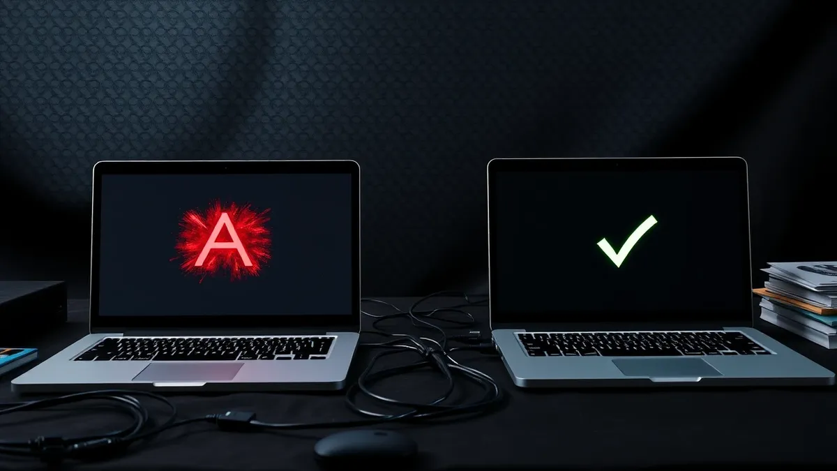 Illustration: Two identical laptops sit on a cluttered desk, one screen displaying a chaotic red error symbol while the other shows a steady green checkmark.