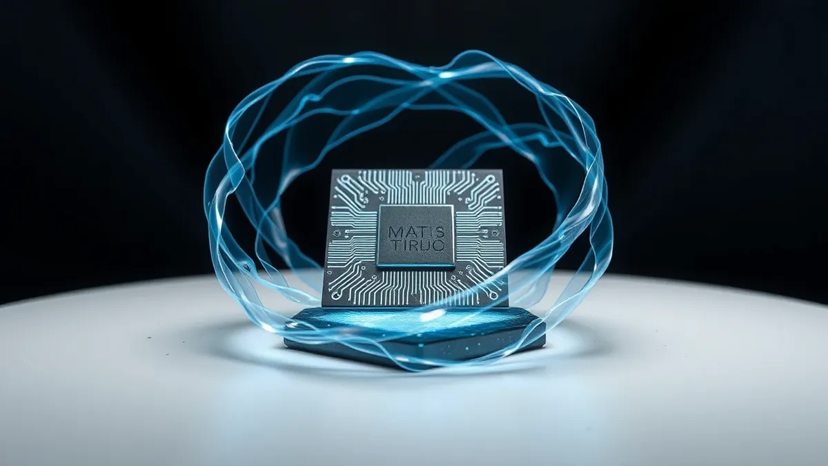 Illustration: A sleek microchip rests on a clean white surface, its intricate circuit patterns glowing with soft blue light that mimics flowing water currents.