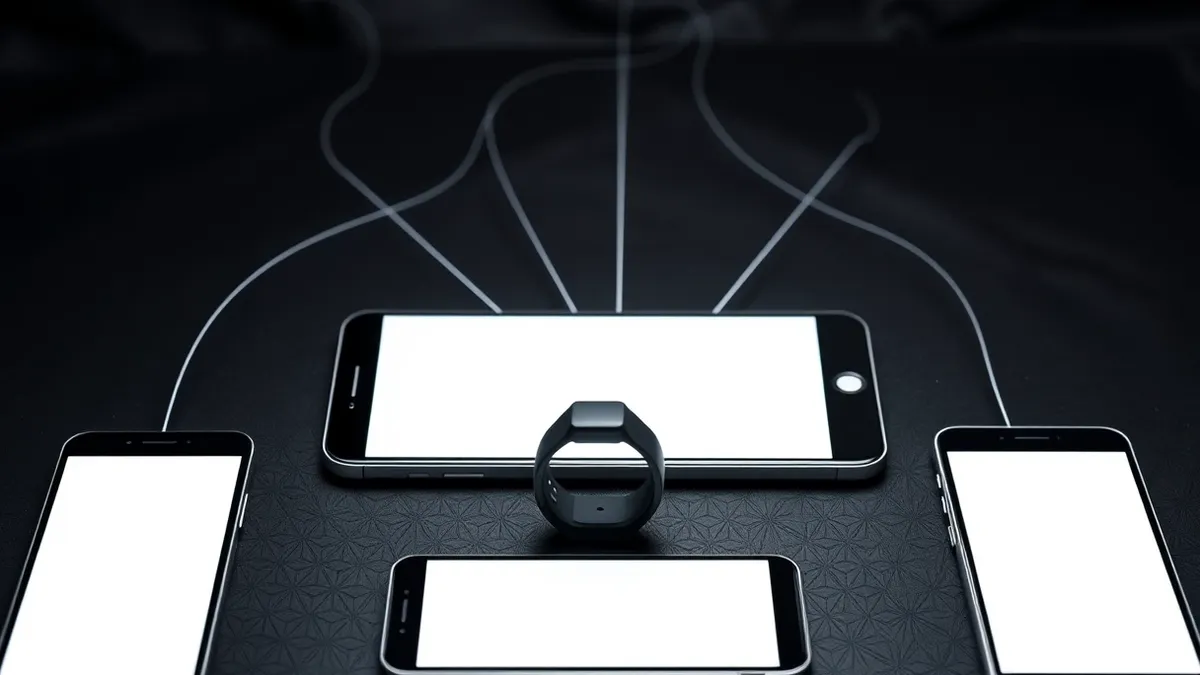 Illustration: A sleek wristband rests on a desk beside several blank smartphone screens showing abstract geometric patterns.