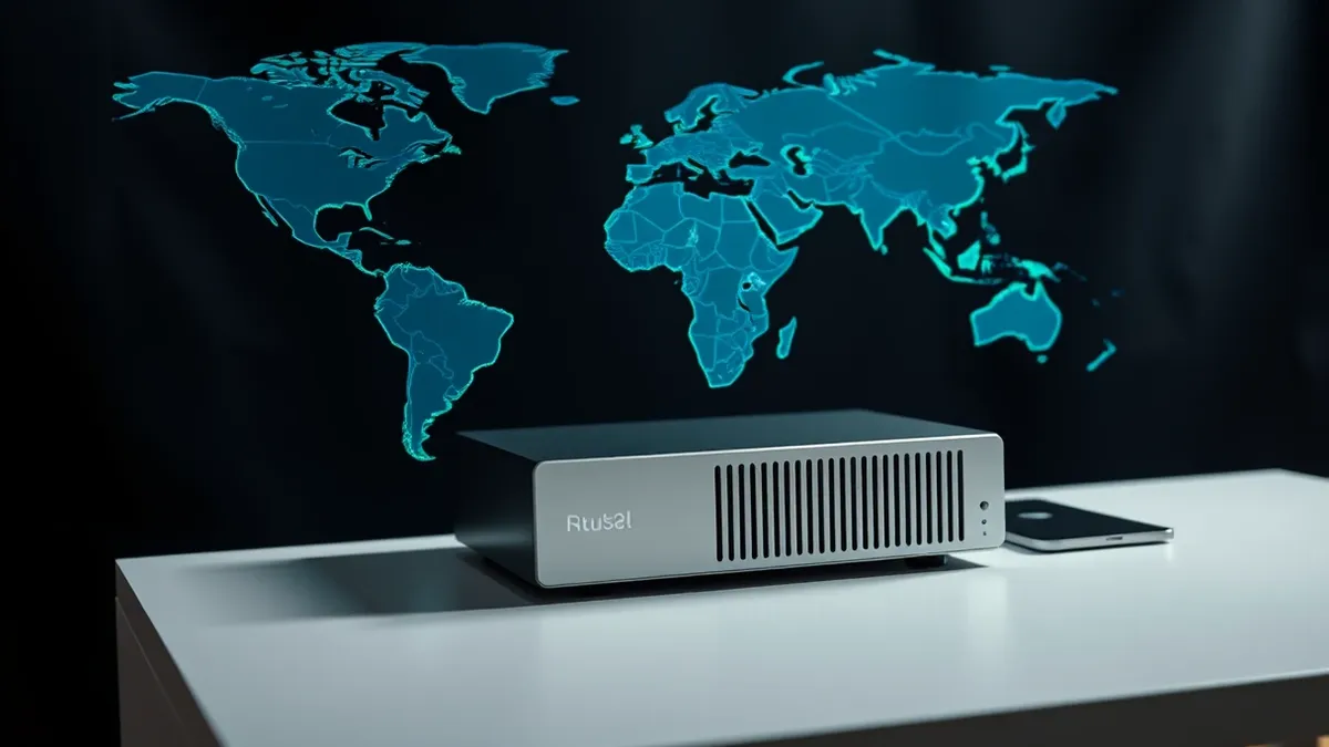 Illustration: A sleek silver server node sits on a clean white desk, projecting a soft, semi-transparent holographic map that layers intricate geometric patterns over a physical of