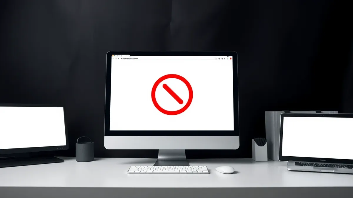 Illustration: A generic web browser window sits on a clean desk, displaying a blank white page with a single red circular icon featuring a diagonal slash.