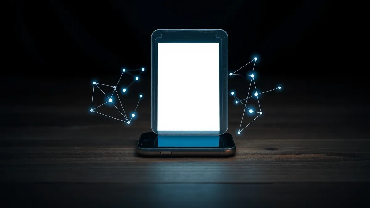 Illustration: A smartphone rests on a wooden surface, its screen displaying a blank web browser window.