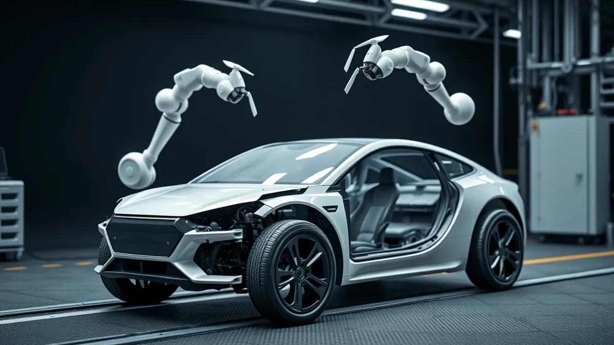 Illustration: An electric vehicle chassis sits stripped of its body panels on an industrial assembly line.