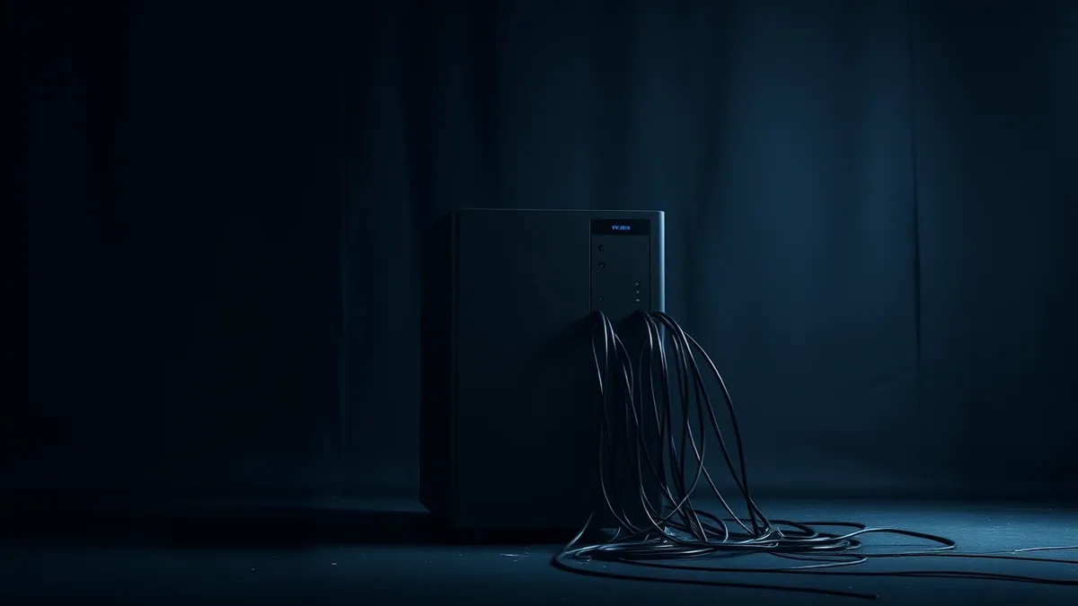 Illustration: A sleek server unit stands in a dim room, its rear ports connected to thick, tangled cables that stretch outward like digital vines.