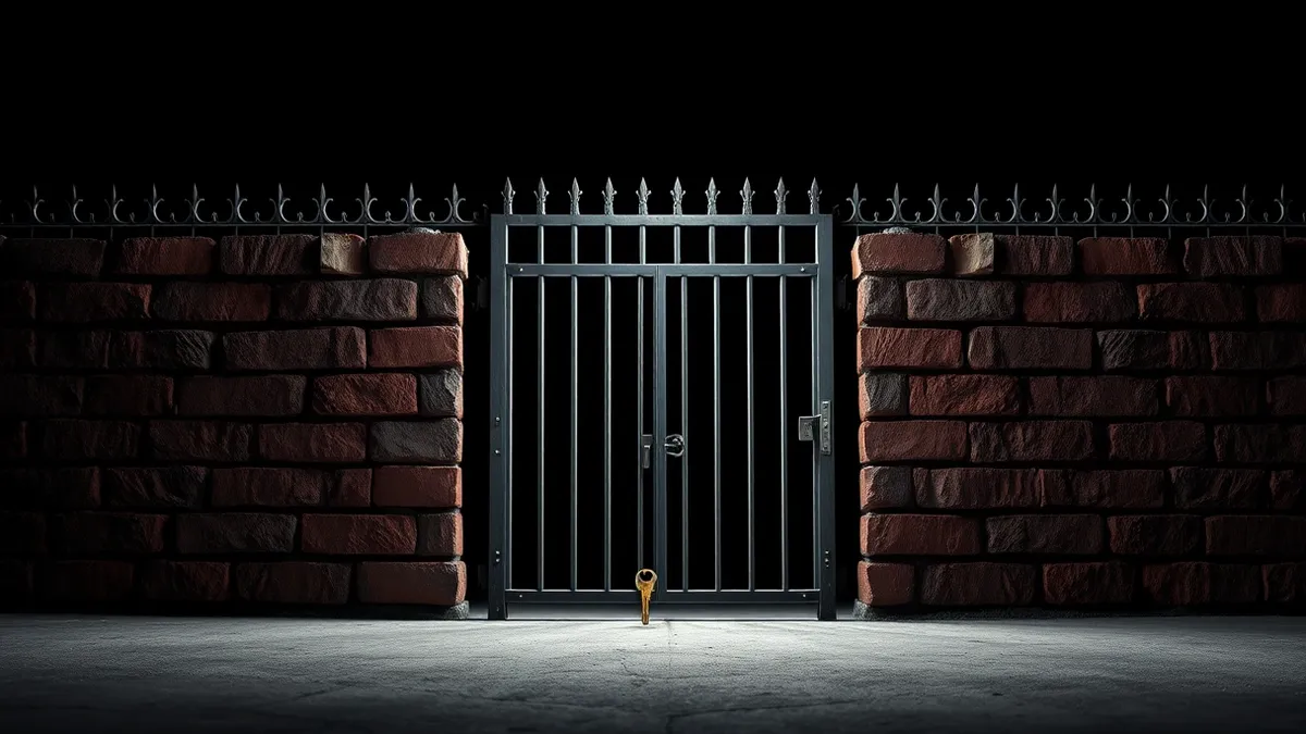 Illustration: An unmarked public entry gate stands wide open before a heavily fortified inner wall.