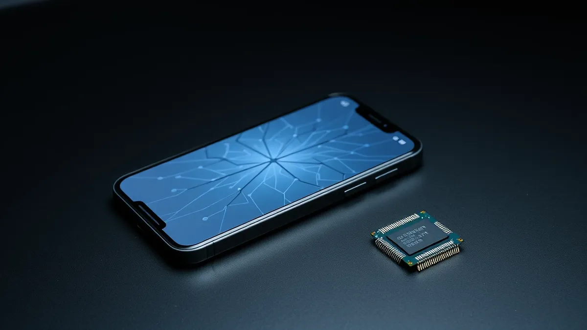 Illustration: A modern smartphone rests on a clean desk next to a large, intricate microchip.