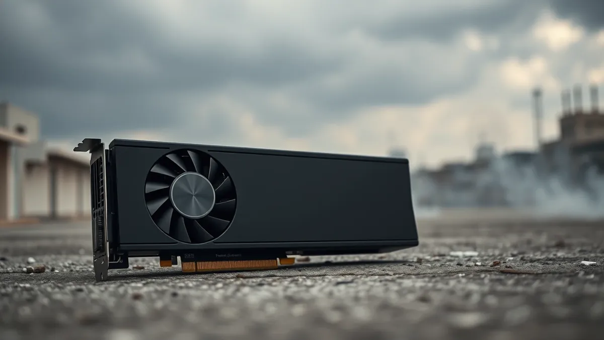 Illustration: A sleek black graphics card rests on a concrete surface outdoors.